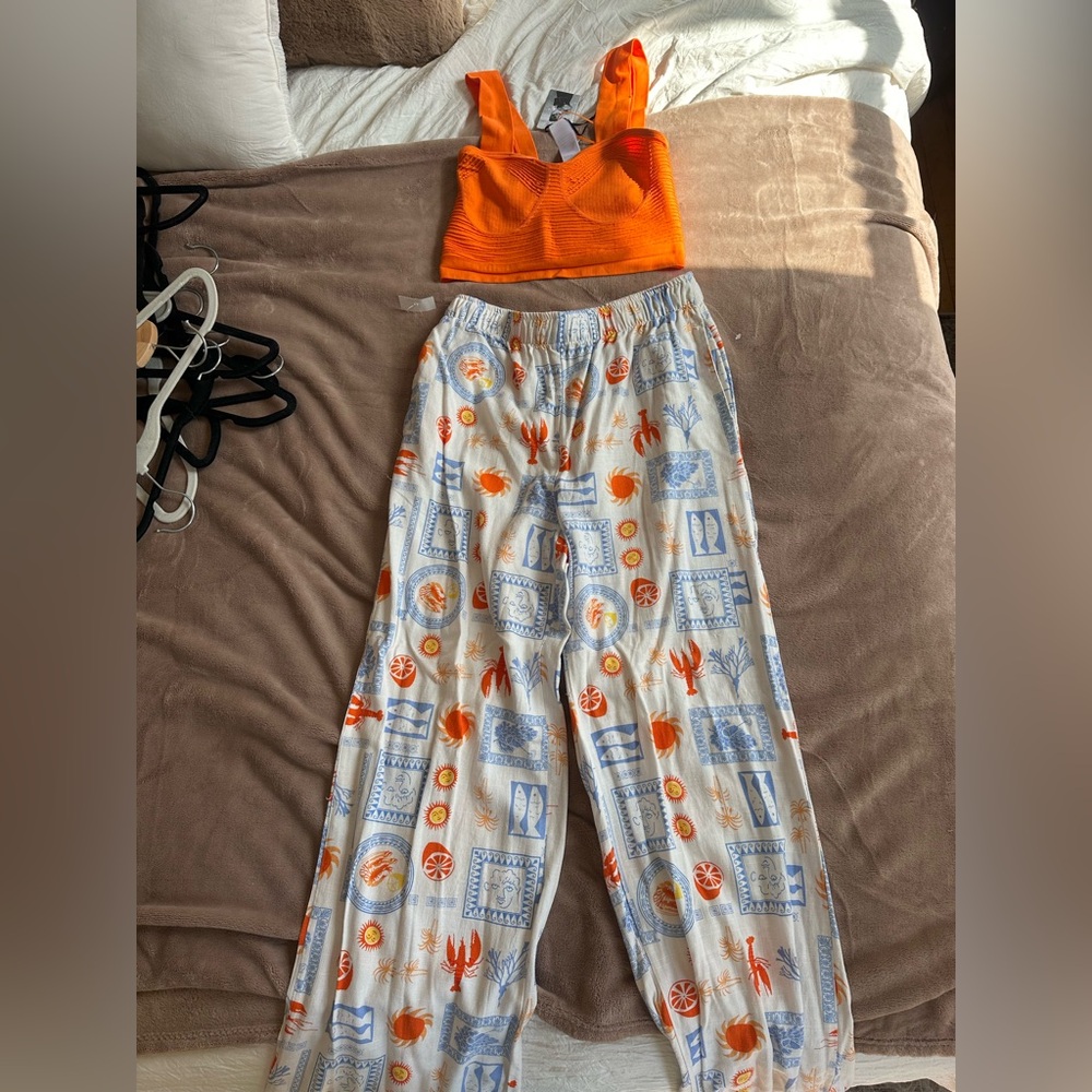 Orange Crop Top and Patterned Pants Set